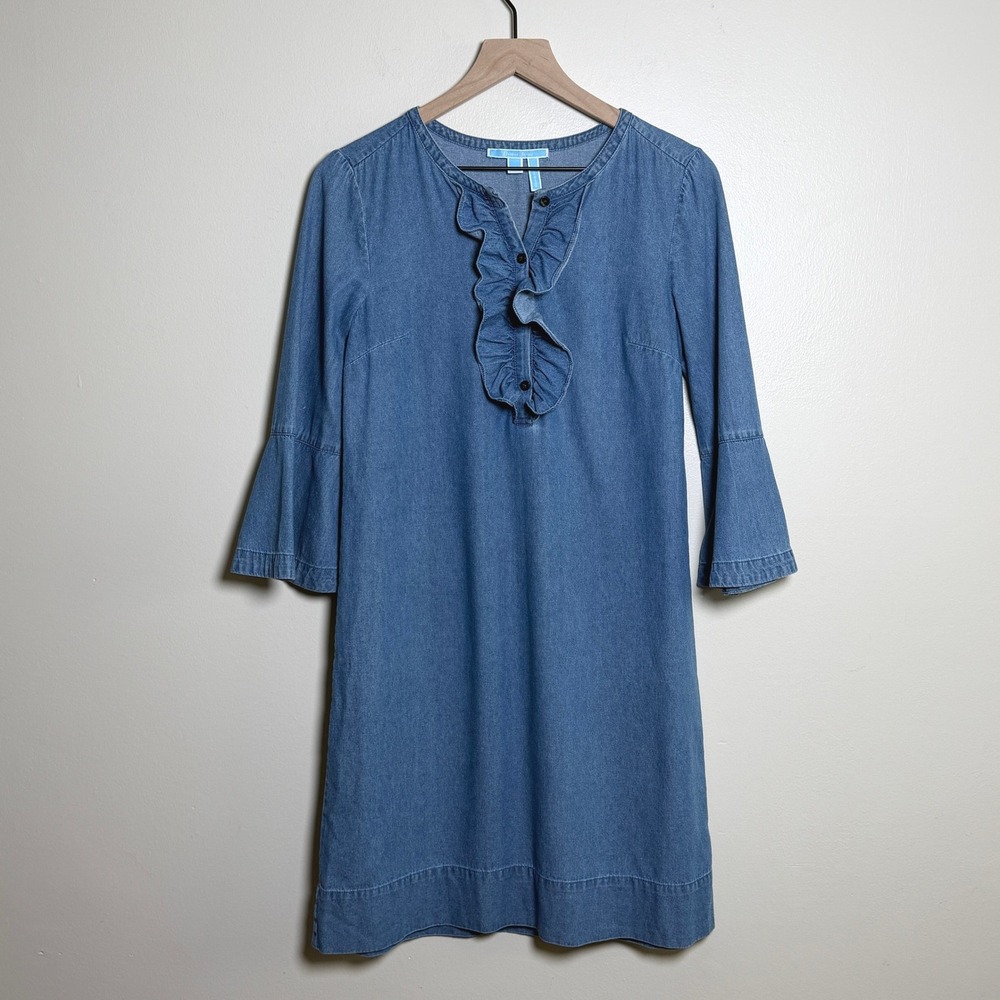 Draper James Blue Denim Ruffle Shift Dress Bell Sleeve Cotton Womens 4‎ Nautical
